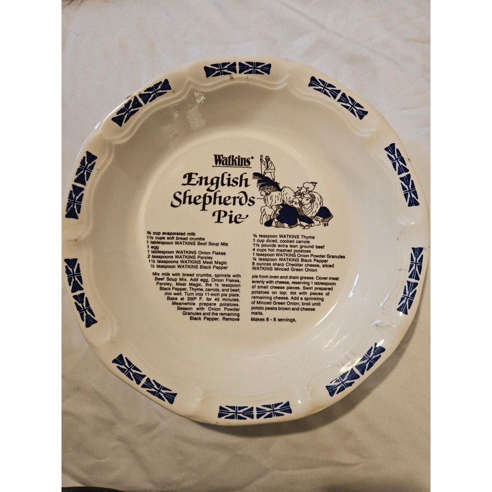 Vintage 1983 Watkins English Shepherds Pie Recipe Ceramic Pie Plate 10.75 Inch
